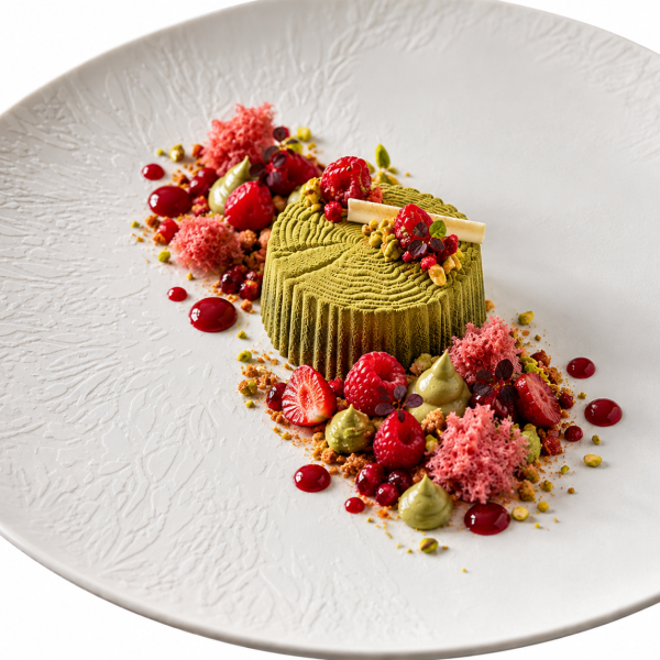 Bûche Pistache, fruits rouges, framboises, financier