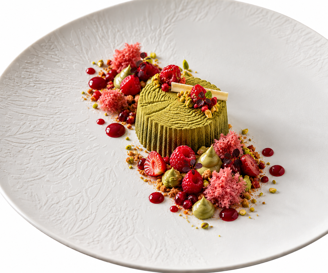 Bûche Pistache, fruits rouges, framboises, financier