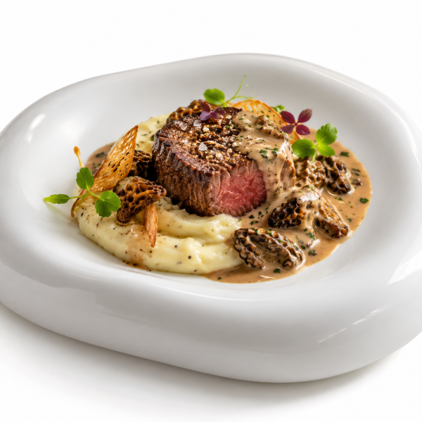 Filet de Boeuf, purée de pomme de terre truffée, crème de morilles