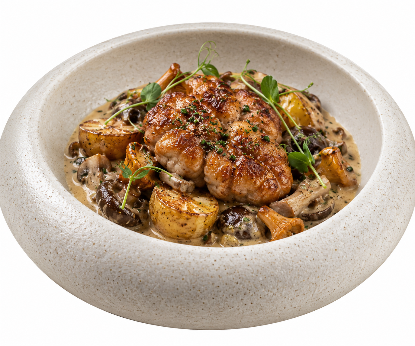 Ris de Veau braisé, grenailles confites, champignons, crème truffée