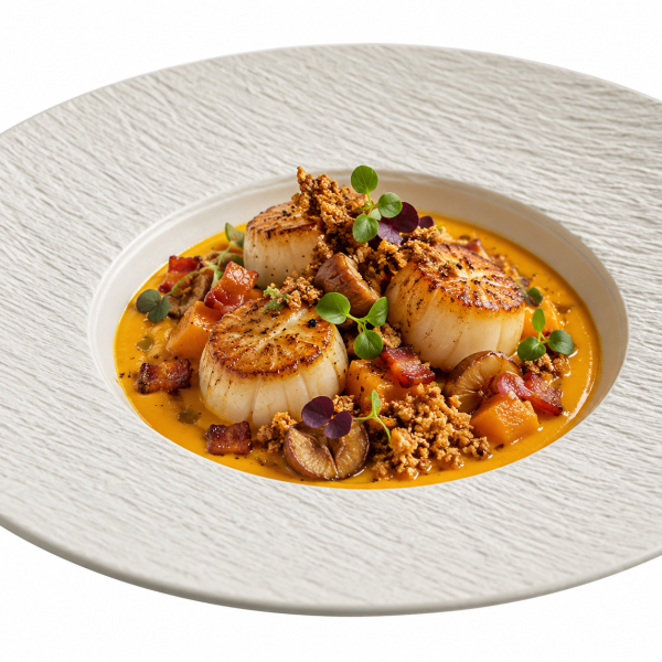 Saint Jacques poêlées, velouté de butternut, crumble, châtaigne, lard